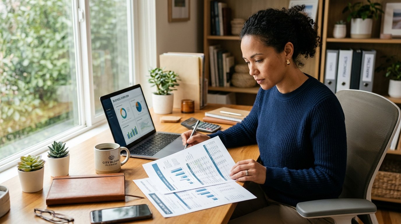 Business owner reviewing financial spreadsheet