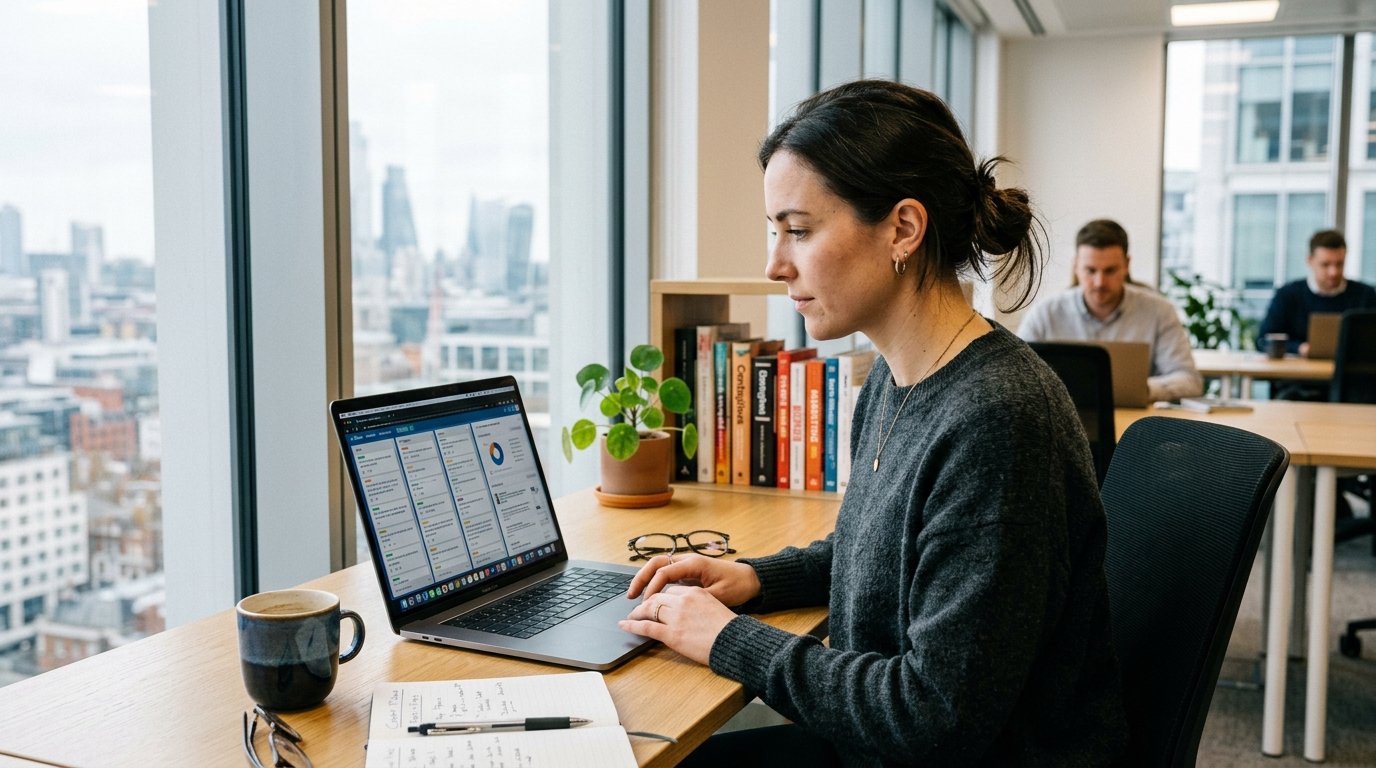 Content strategist at a laptop planning editorial calendar