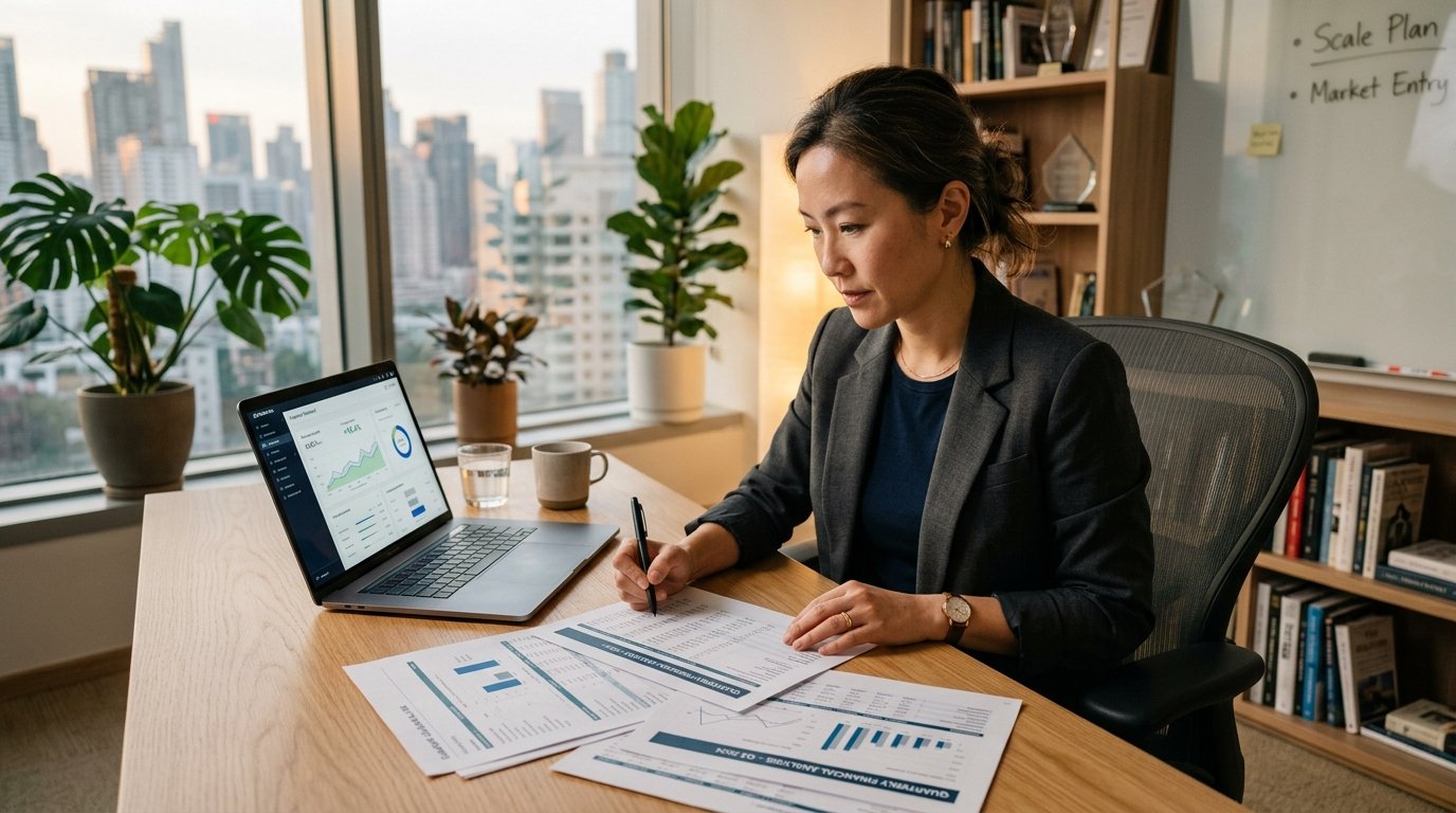A founder reviewing financial documents at a modern office desk